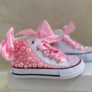 Kids Girls Pink Sparkle Gold Rhinestones Canvas Sneakers