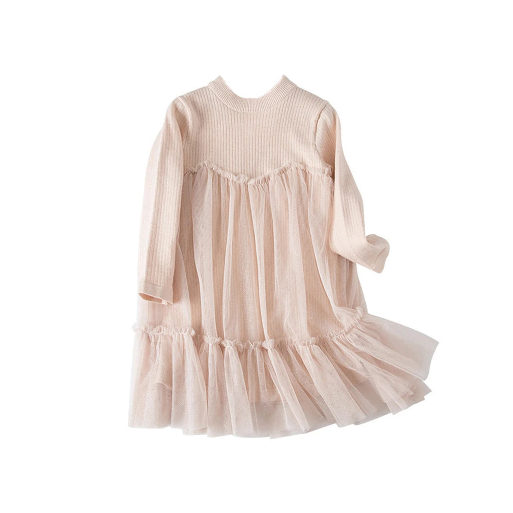 Knitted Mesh Splice Dresses for Little Girls with Round Neck childrensterritory