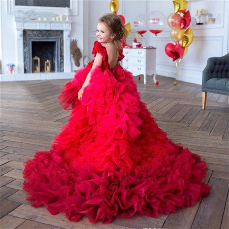 Kids Girls Tulle Red High/Low Fluffy Princess Wedding Dress childrensterritory