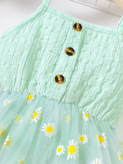 Small Daisy Print Baby Girl Sleeveless Mesh Romper Dress