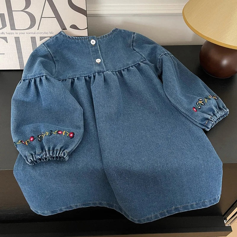 Little Girl Retro Style Embroidered Denim Fashionable Dress childrensterritory
