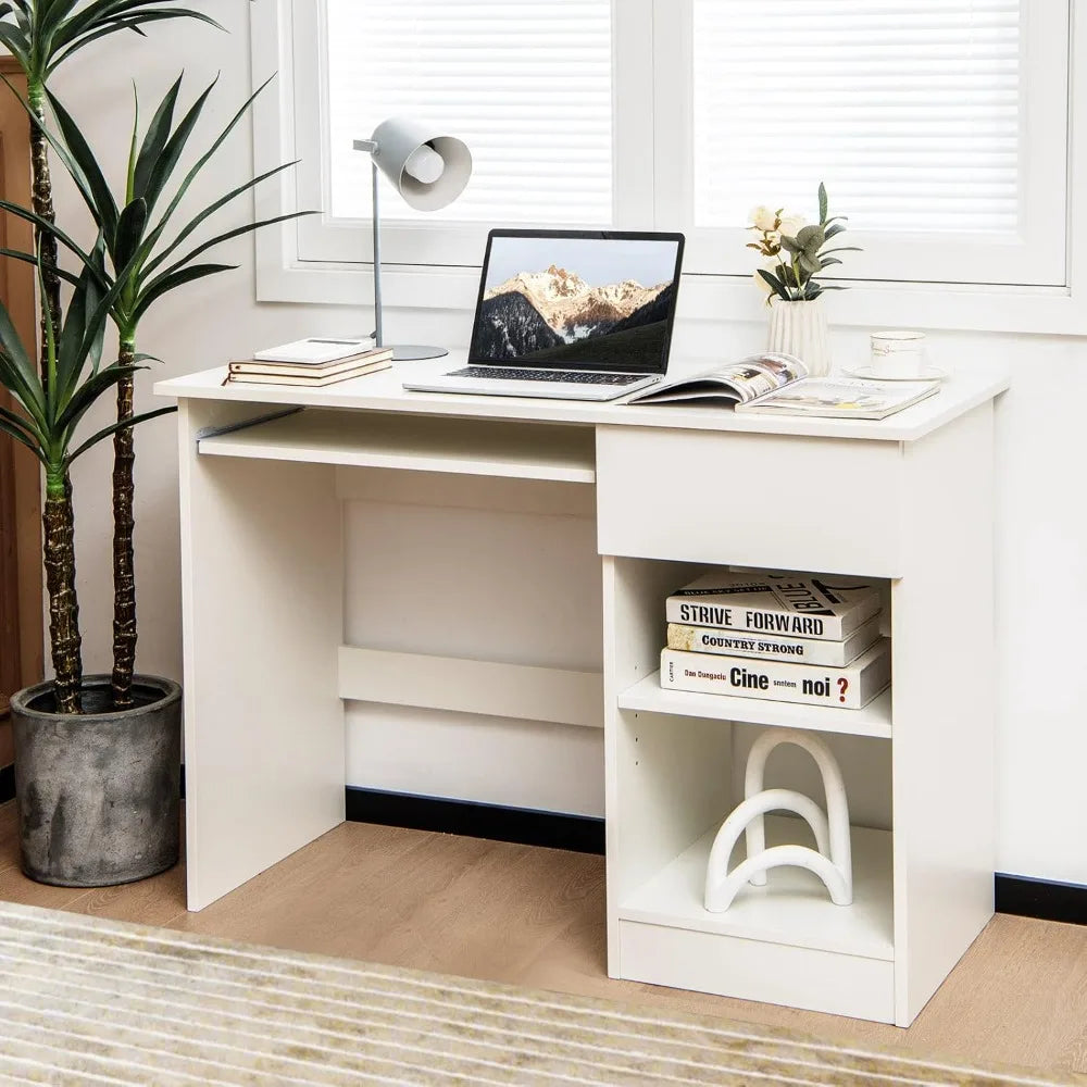 Adjustable Wooden White Computer Desk with Drawers