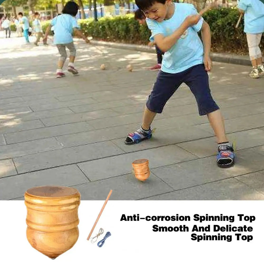 Indoor/Outdoor Wooden Spinning Top with Whip Rope Toy for Kids