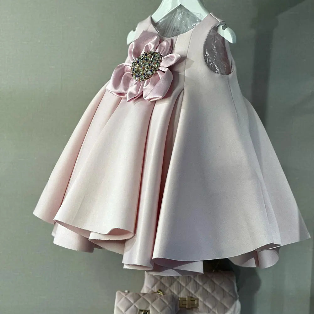 Girls' Stylish A-Line Puffy Satin Dress with Flower Pattern childrensterritory