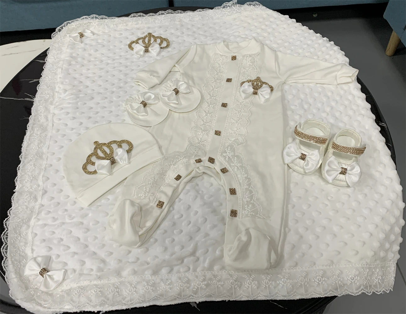 5pcs Sequin Bling Crown Design Baby Girl Welcome Home Outfits childrensterritory