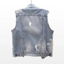 Loose Vintage Lace Beaded Design Denim Vest for Women childrensterritory