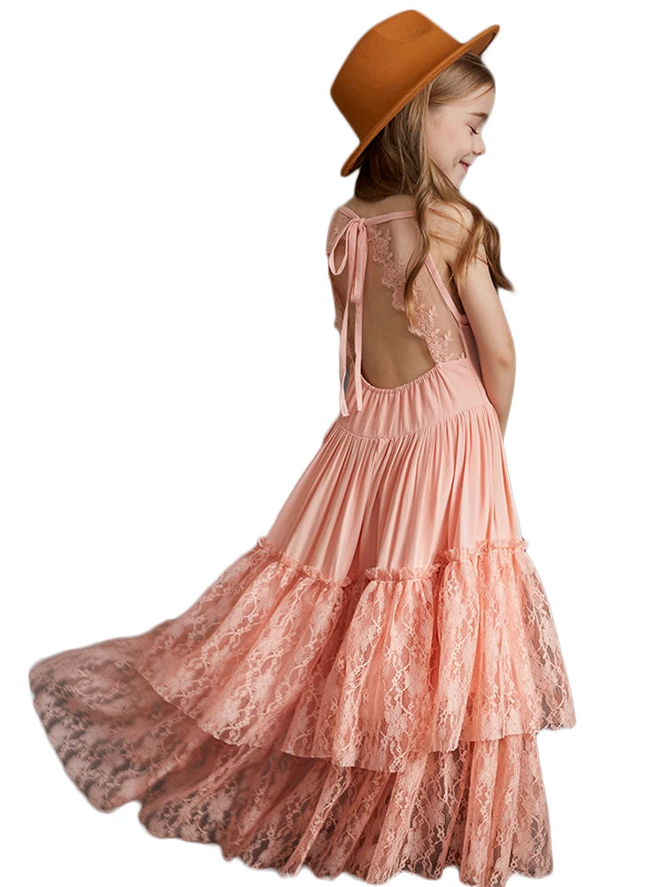 Girls Bohemia Lace Design Backless Chiffon Long Dresses childrensterritory