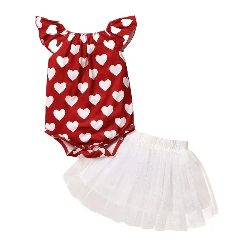 Baby Girl 2PCS Heart Print Romper + Tulle Skirt Outfit