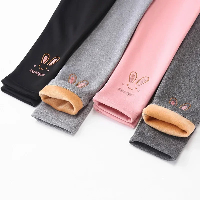Little Girls Thick Warm Rabbit Print Solid Trousers childrensterritory