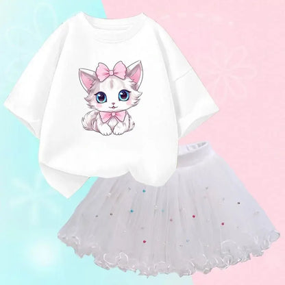 Little Girls Cute Cartoon Print T-Shirt &amp; Mesh Tutu Skirt Outfits
