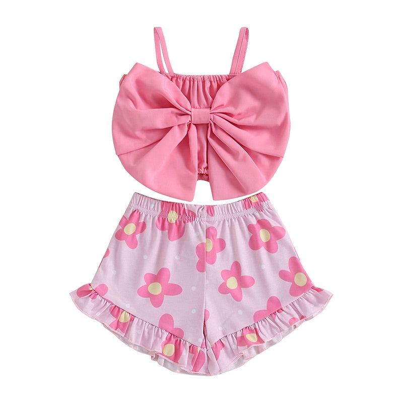 Kids Girl 2Pcs Big Bow Vest Top and Striped Floral Shorts Outfit childrensterritory