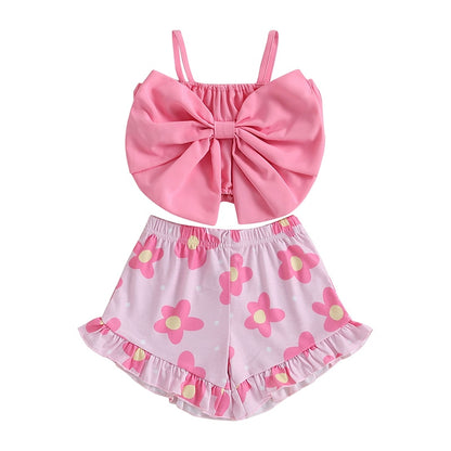 Kids Girl 2Pcs Big Bow Vest Top and Striped Floral Shorts Outfit childrensterritory