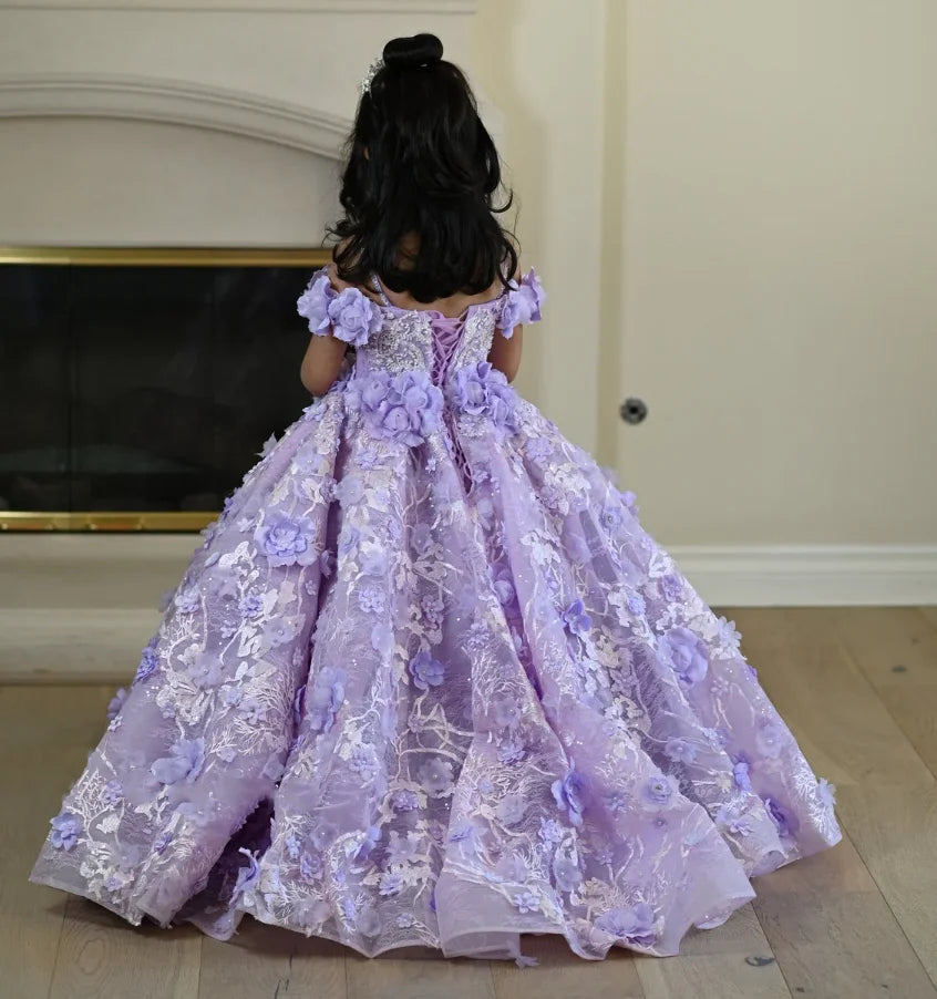 Girls Lace Appliqued Lavender Princess Dress for Communion childrensterritory