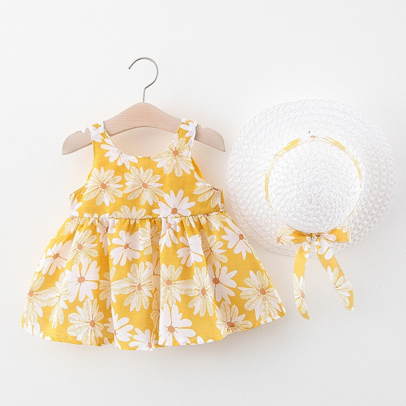 Baby Girl Floral Big Bow Designed Summer Dresses + Sunhat childrensterritory