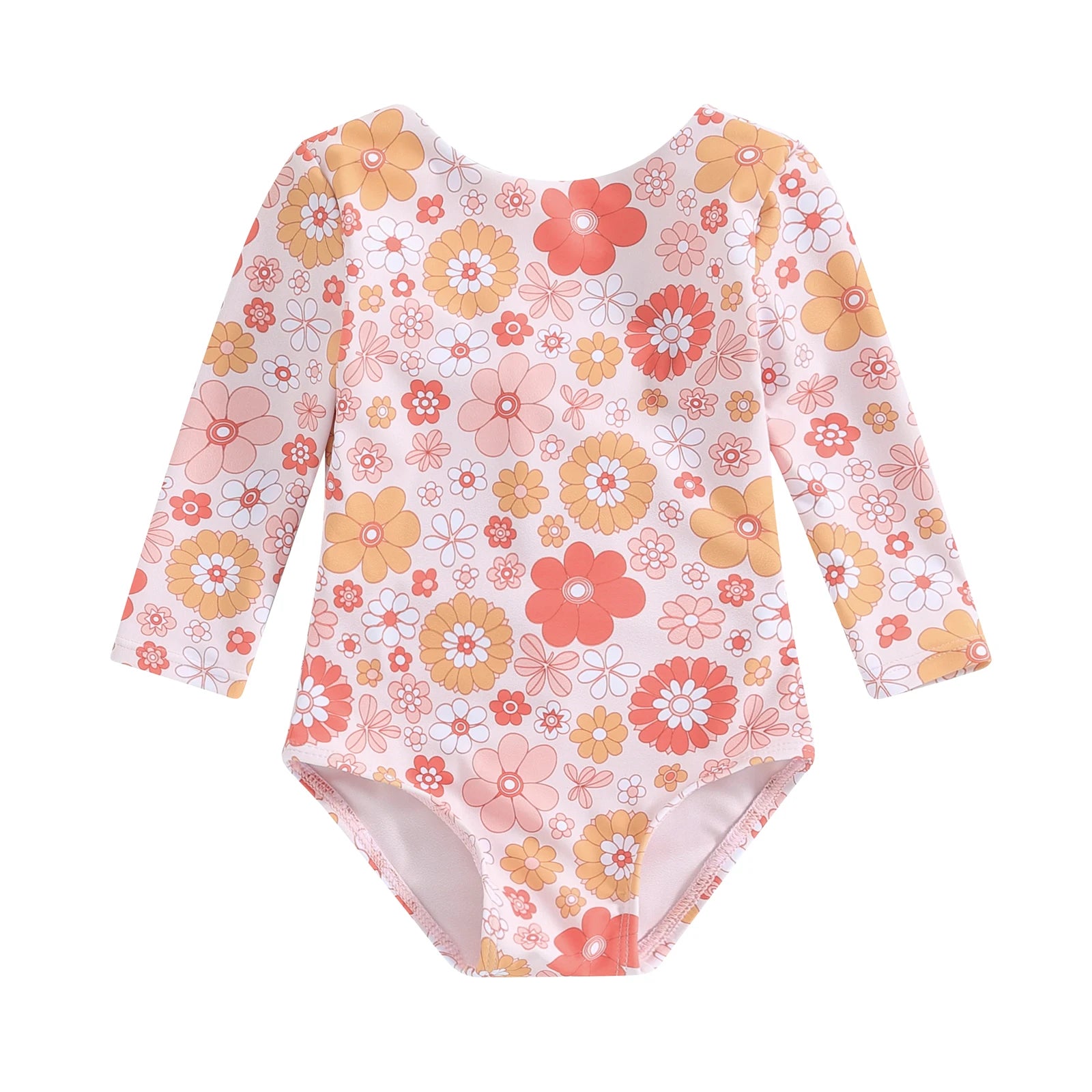 Little Girls Flower Print Long Sleeve Backless Tie-Up Swimsuit