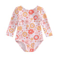 Little Girls Flower Print Long Sleeve Backless Tie-Up Swimsuit