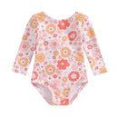 Little Girls Flower Print Long Sleeve Backless Tie-Up Swimsuit
