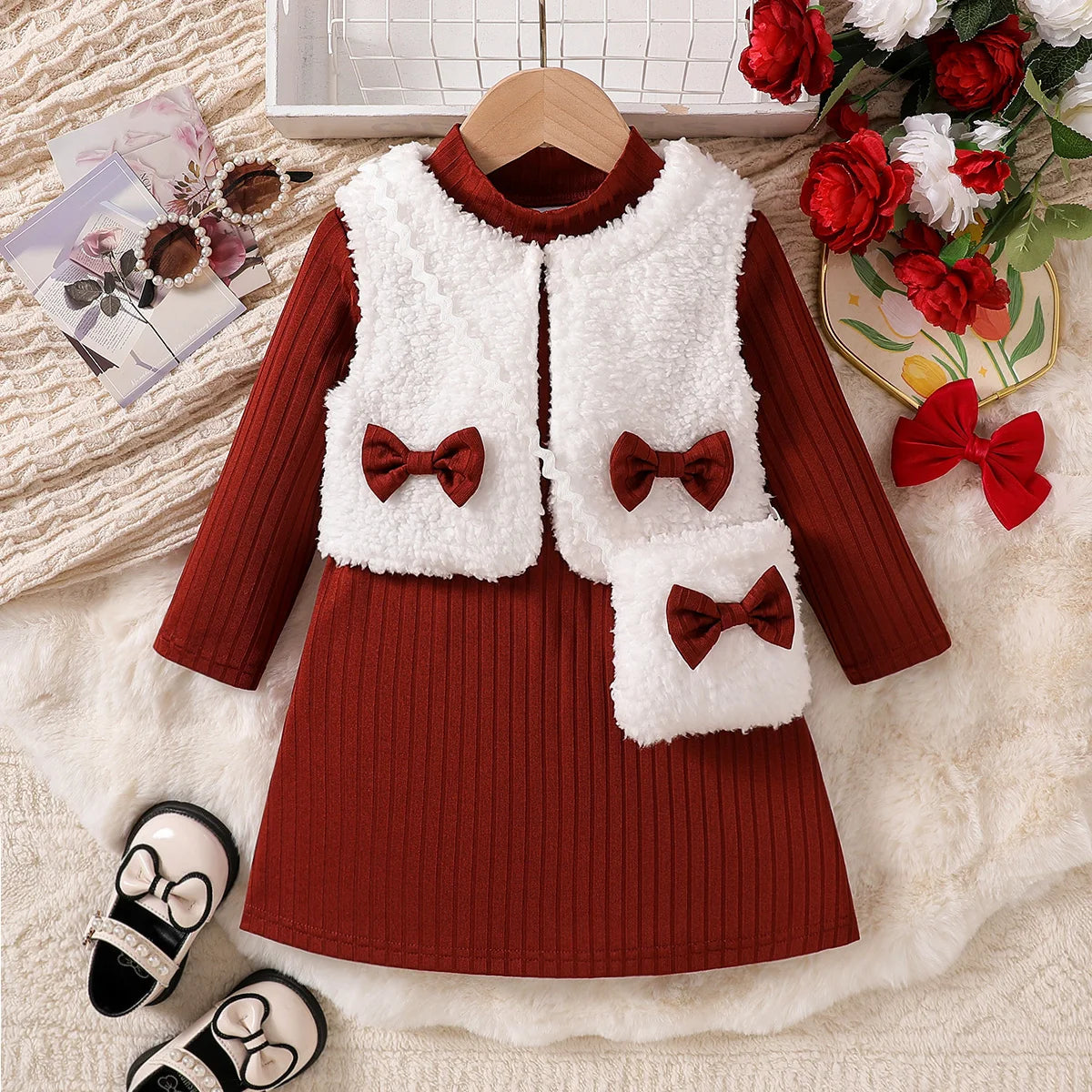 Girls' Long-Sleeved Bow Design Winter Dresses