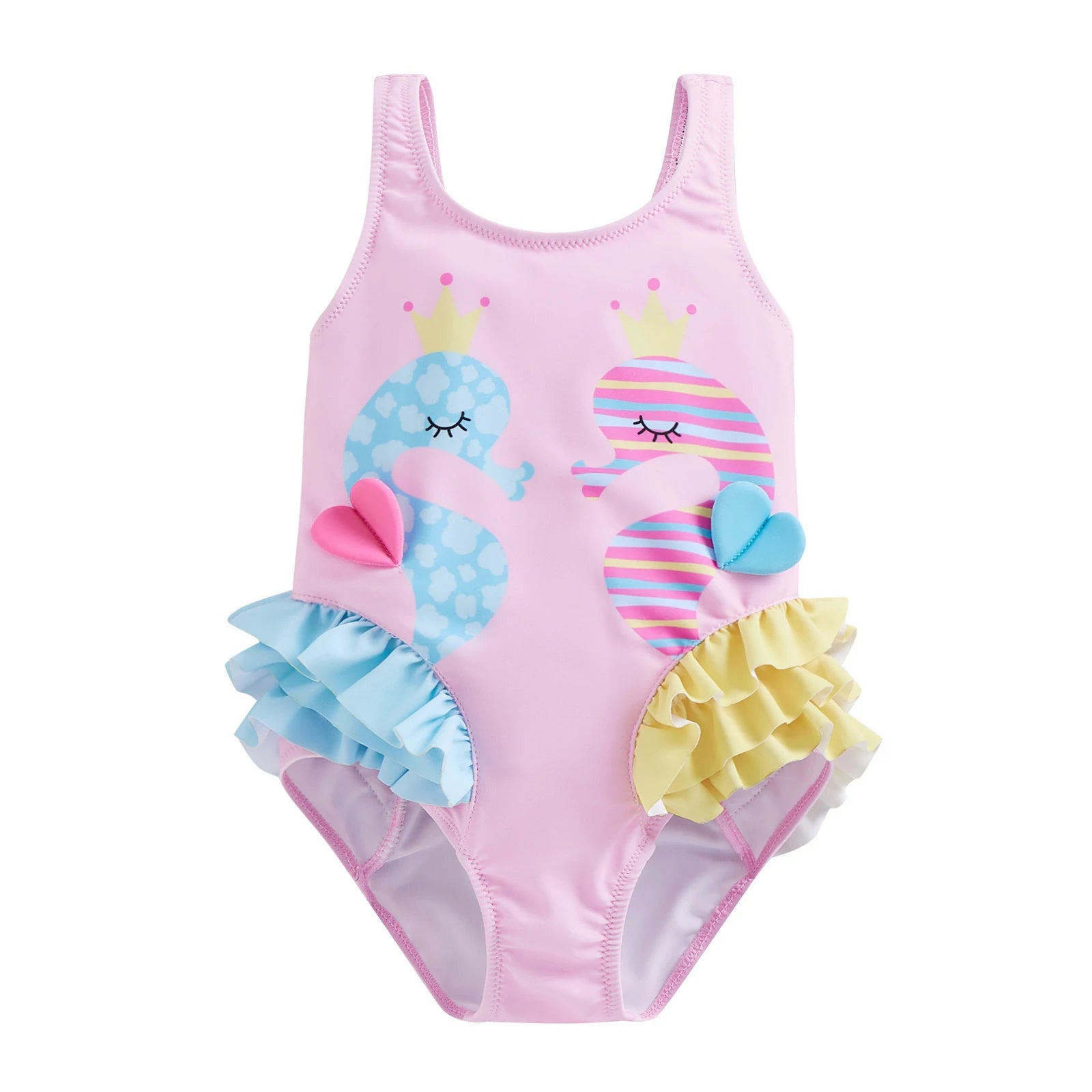 Cartoon Seahorse Print Sleeveless Kid Girl Swimsuit