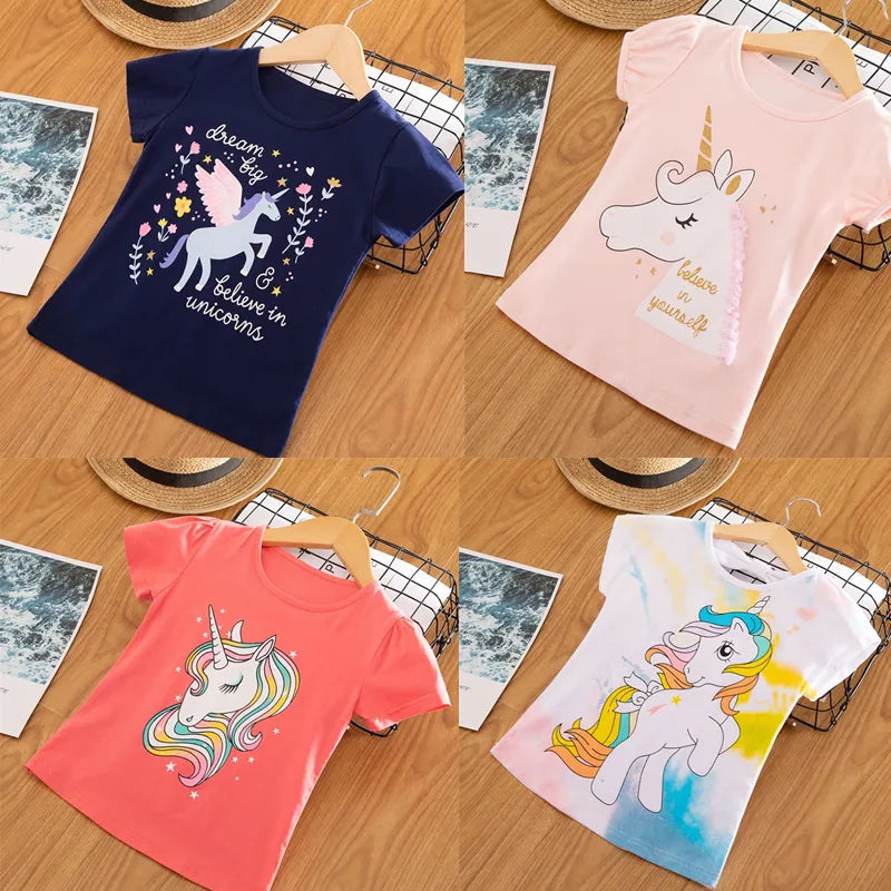 Kids Girls Unicorn Print Short Sleeve Party Wear Tops childrensterritory