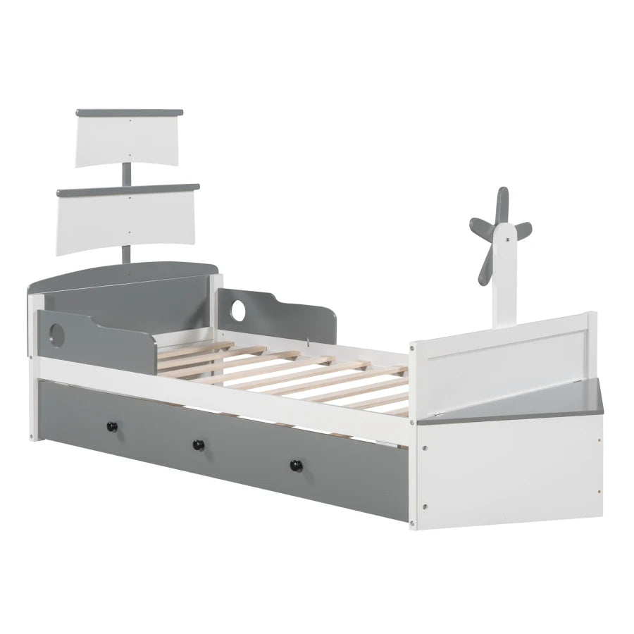 Boat-shaped Platform Bed with a Trundle, and Two Nightstands childrensterritory