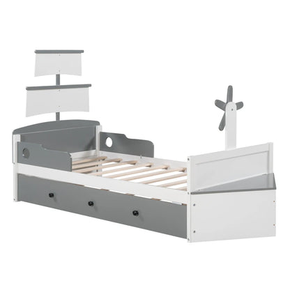 Boat-shaped Platform Bed with a Trundle, and Two Nightstands childrensterritory