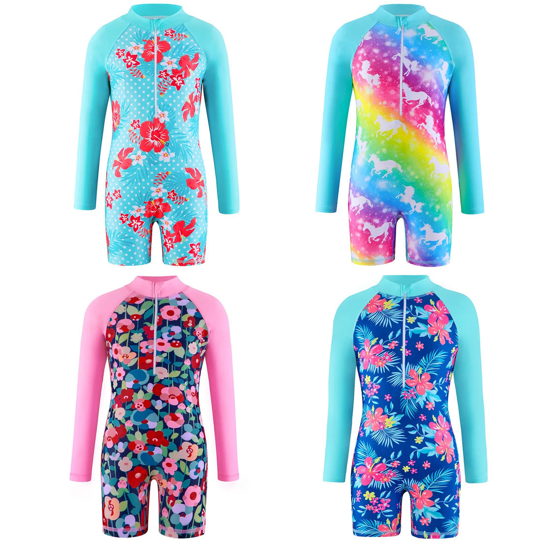 Unicorn and Floral Print Little Girls Zipper Swimsuits