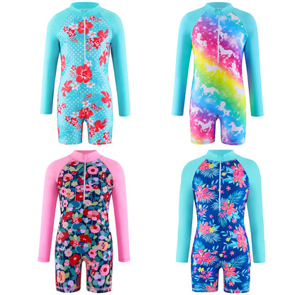 Unicorn and Floral Print Little Girls Zipper Swimsuits