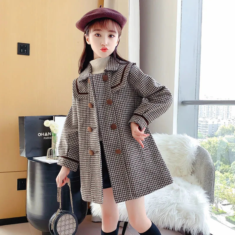 Kids/Teen Girls Warm Wool &amp; Blends Long Plaid Trench Coats childrensterritory