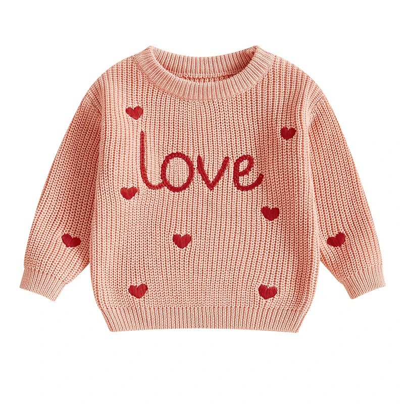 Baby Girl Heart Print Crew Neck Knitted Sweaters childrensterritory