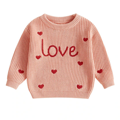 Baby Girl Heart Print Crew Neck Knitted Sweaters childrensterritory