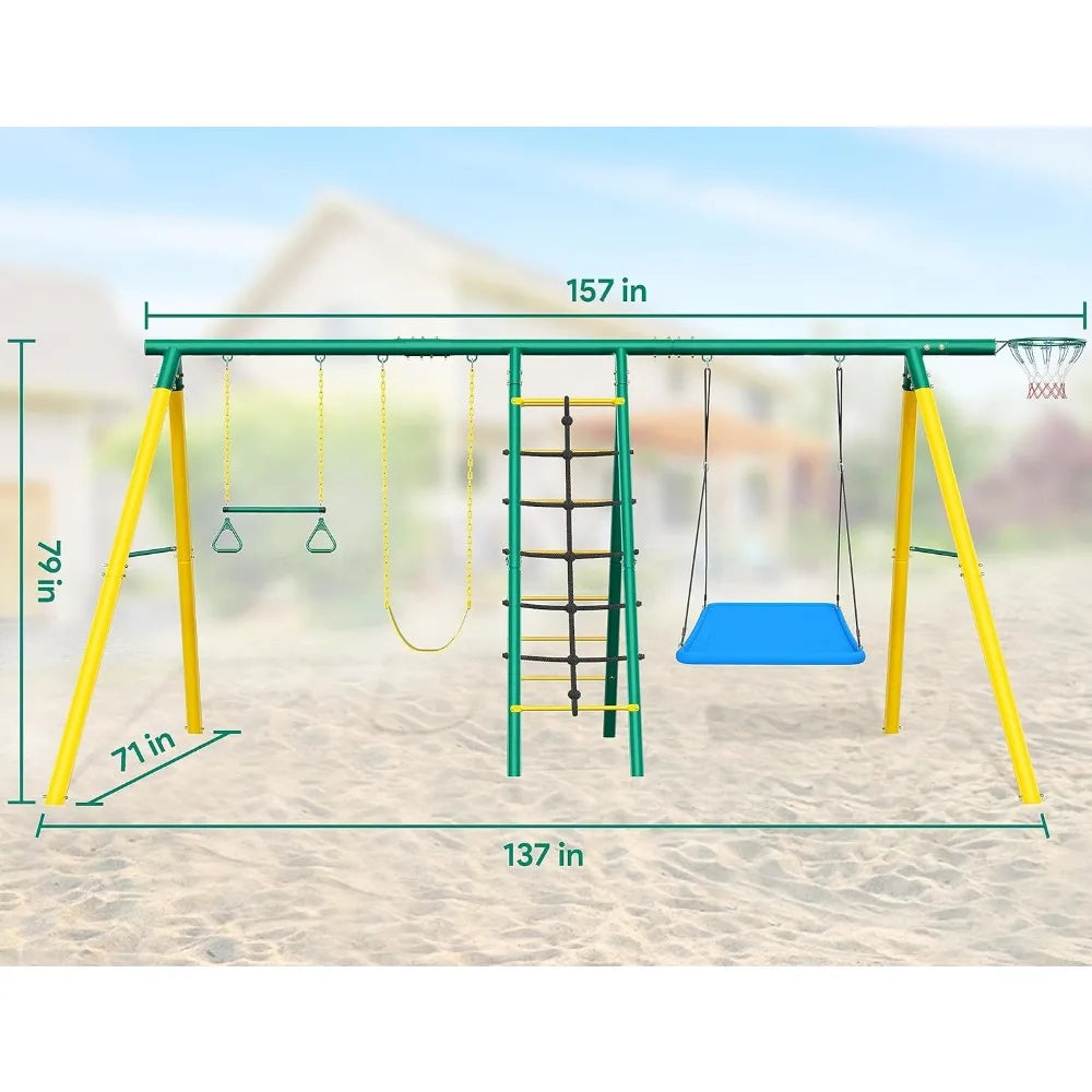 6 in 1 Kids Heavy-Duty Metal Swing Sets for Backyard