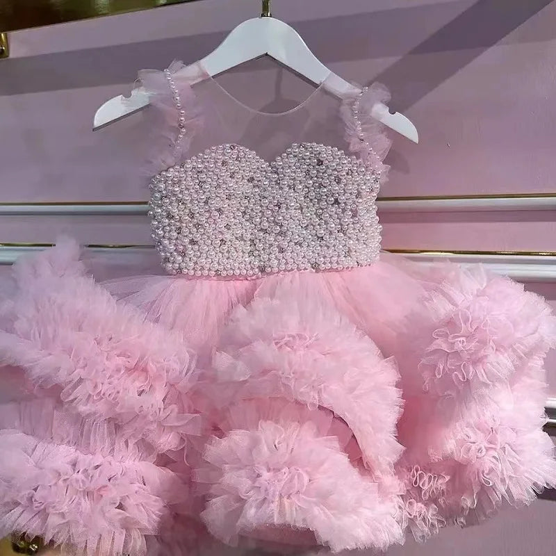 Pink Pearls Beaded Puffy Birthday Party Dress for Little Girls