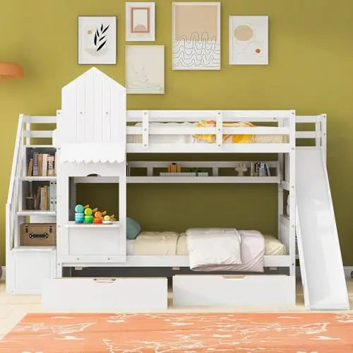 Full-Over-Full Castle Bunk Bed with Slide, Shelves, and Drawers