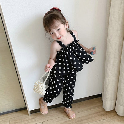 Kids Girls Flower Suspender Top+ Nine-Point Pants Outfit Set childrensterritory