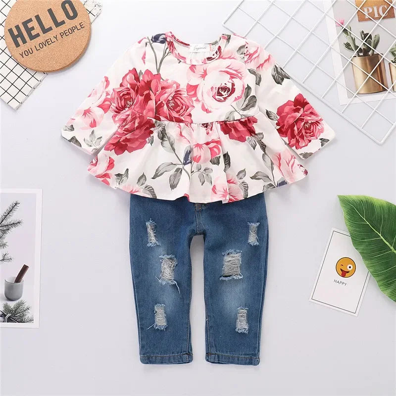Baby Girl Floral Ruffle Tops+Pants 2pcs Outfit Set
