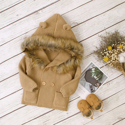 Fur Collar Animal Hooded Knitting Baby Coat