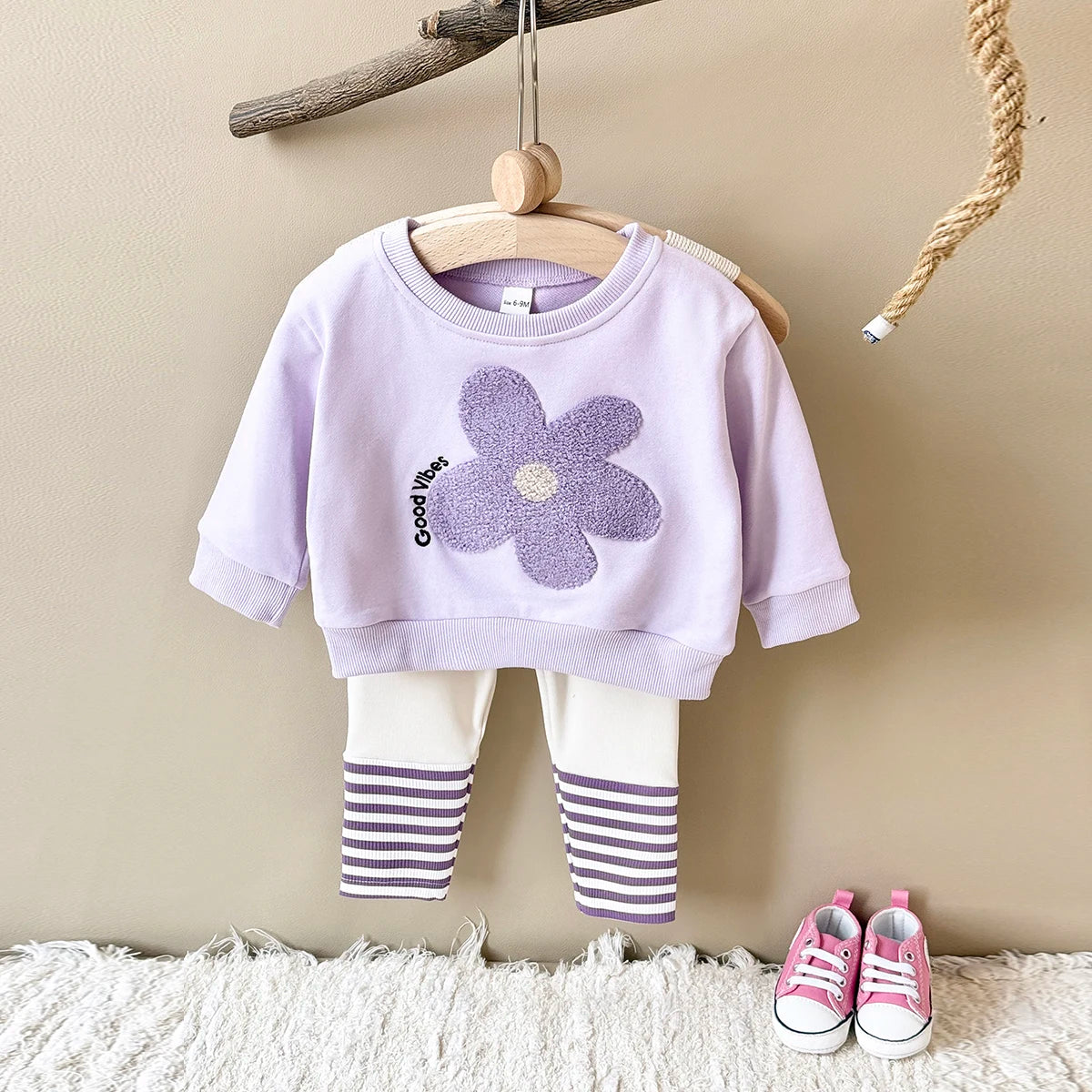 Baby Girls Flower Sweatshirt + Stripe Pants 2Pcs Outfit Set