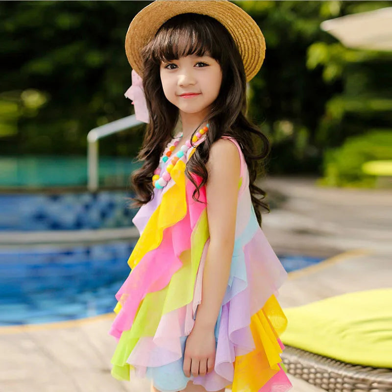 Sleeveless Rainbow Color Beach Dress For Kids Girls