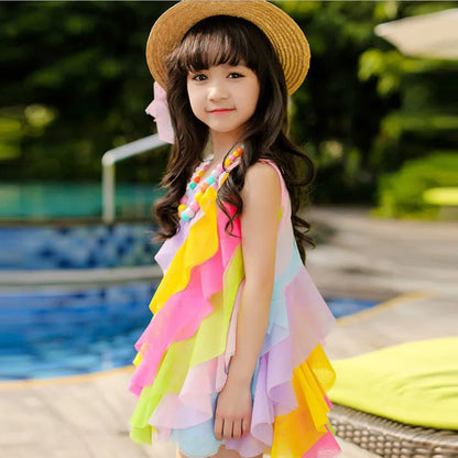 Sleeveless Rainbow Color Beach Dress For Kids Girls