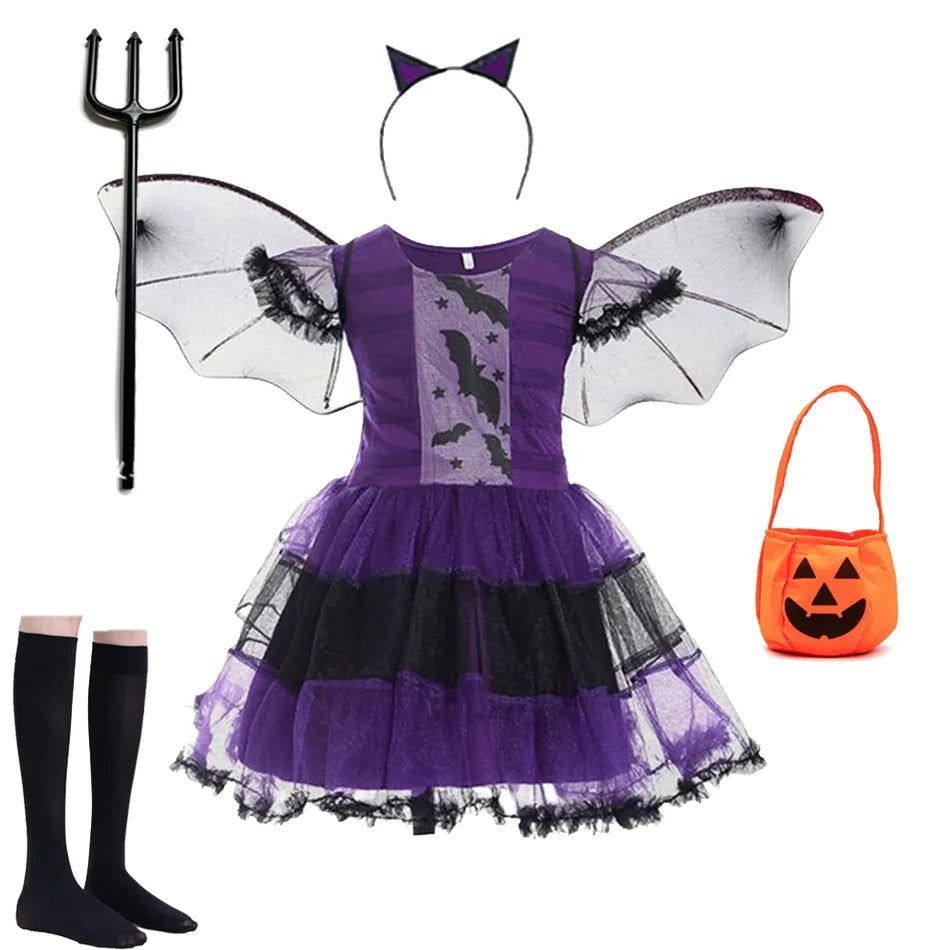 Kids Girls Vampire Witch Party Dress with Bag Headband Wings childrensterritory