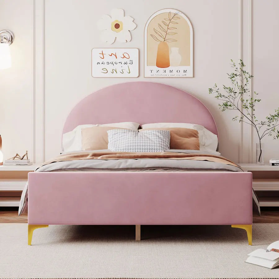 Platform Bed with Velvet Upholstery and Semi-Circular Headboard childrensterritory