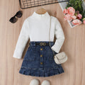 Girls' High-Necked Top and Denim Skirt with Belt Outfit Set childrensterritory