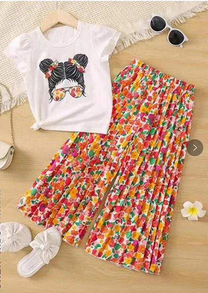 Little Girls Printed Top with Wide Leg Pants Two Piece Clothing Sets childrensterritory