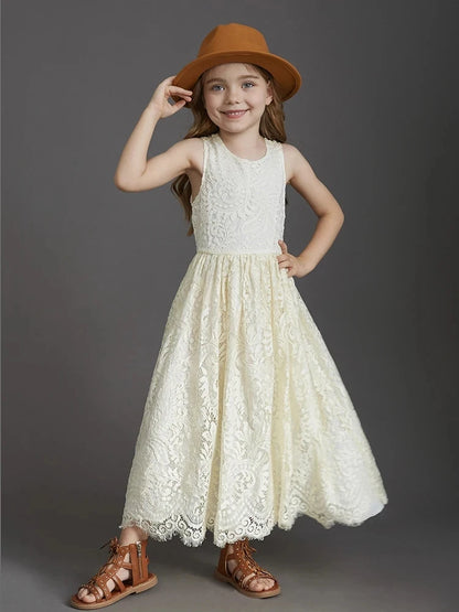Solid Lace Design Long Wedding Flower Girl Cotton Dresses
