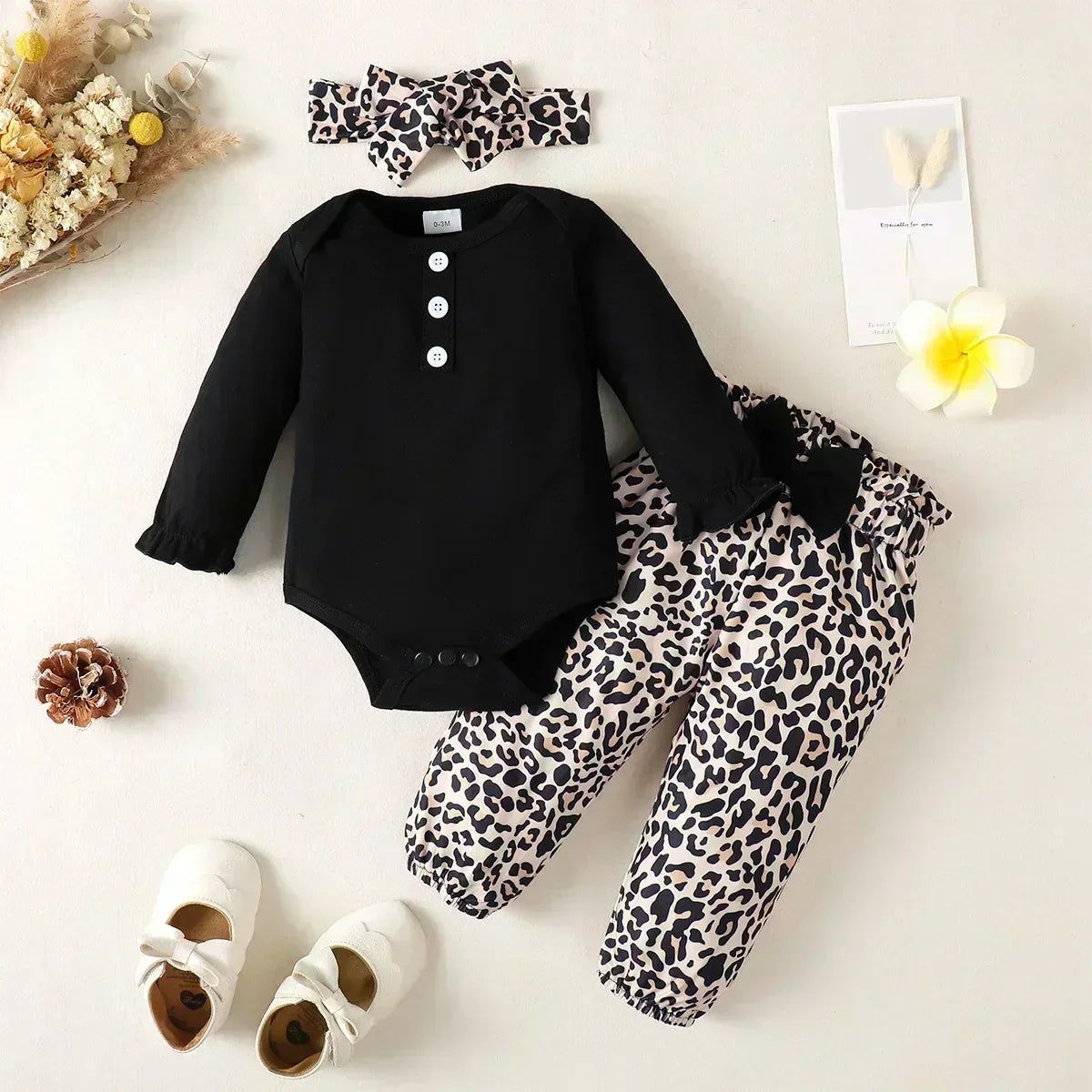 3Pcs Newborn Girl Bodysuit, Bow, Floral Pants Clothing Set
