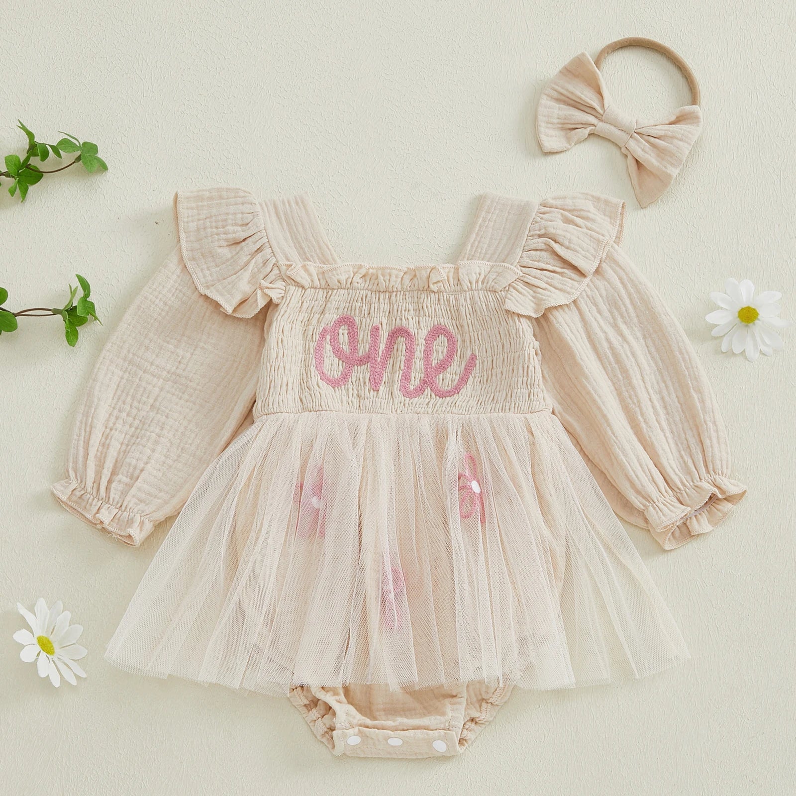 Baby Girls Letter Pattern Ruffled Mesh Romper Dresses