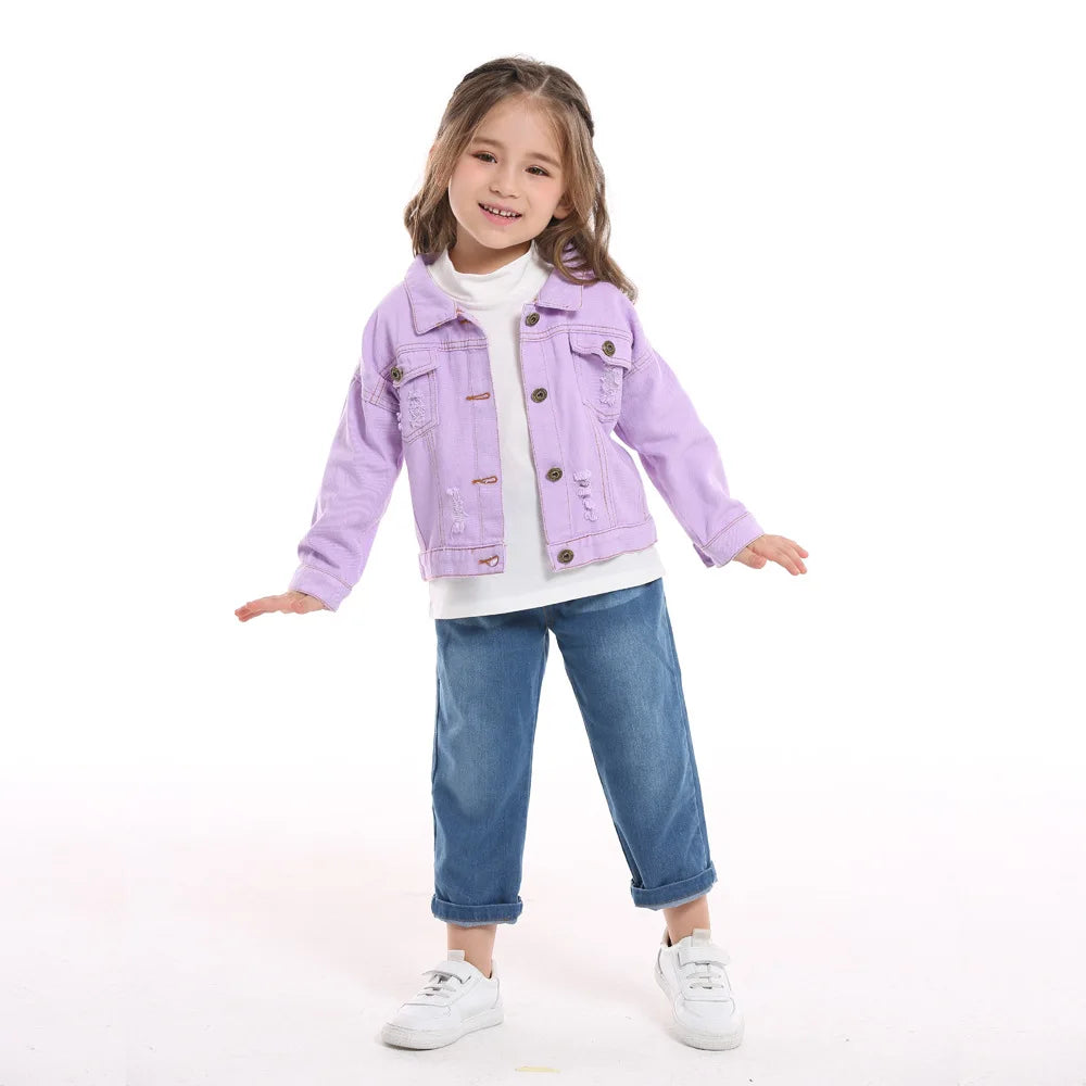 Candy Color Unhooded Denim Jacket for Little Boys Girls childrensterritory