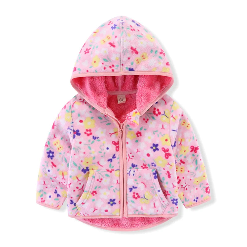 Kids Girls Warm Fleece Flowers Print Zipper Jackets