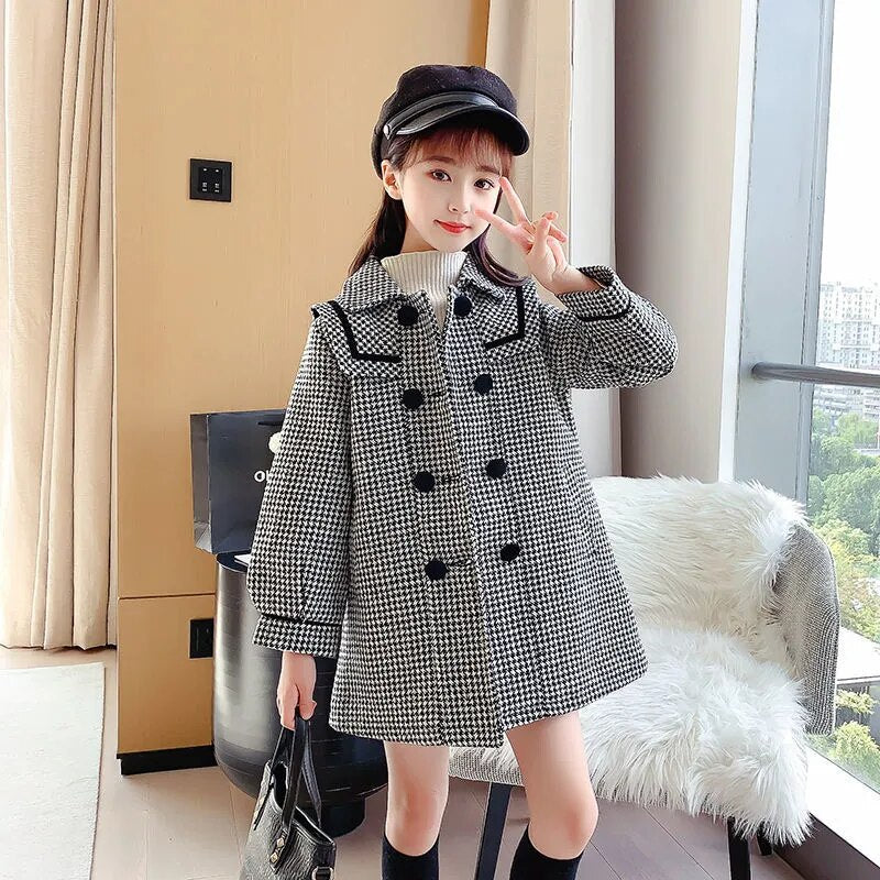 Kids/Teen Girls Warm Wool &amp; Blends Long Plaid Trench Coats childrensterritory